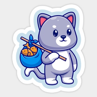 Cute Cat Bring Fish With Bag Cartoon Sticker